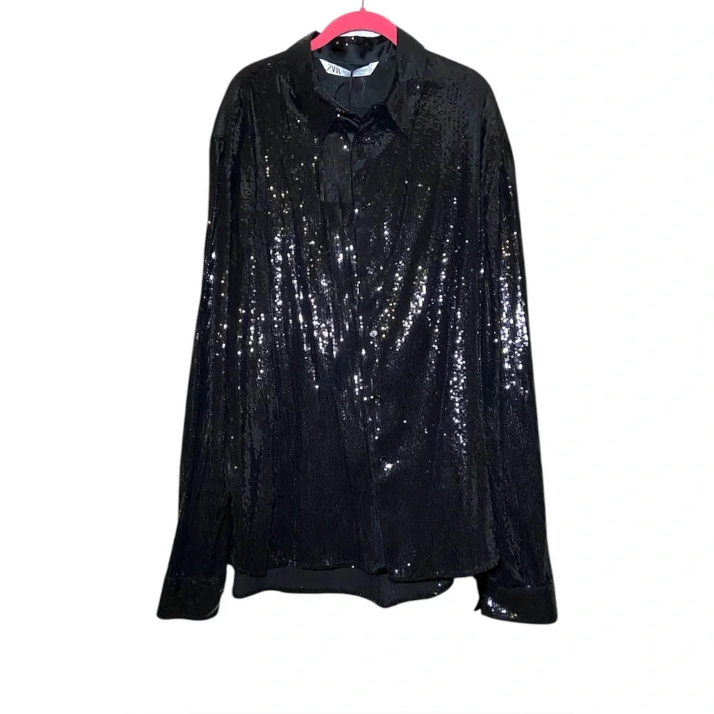 Zara Black Sequin Button Front Shirt Glam Party Evening Top XL NWT - Picture 2 of 4